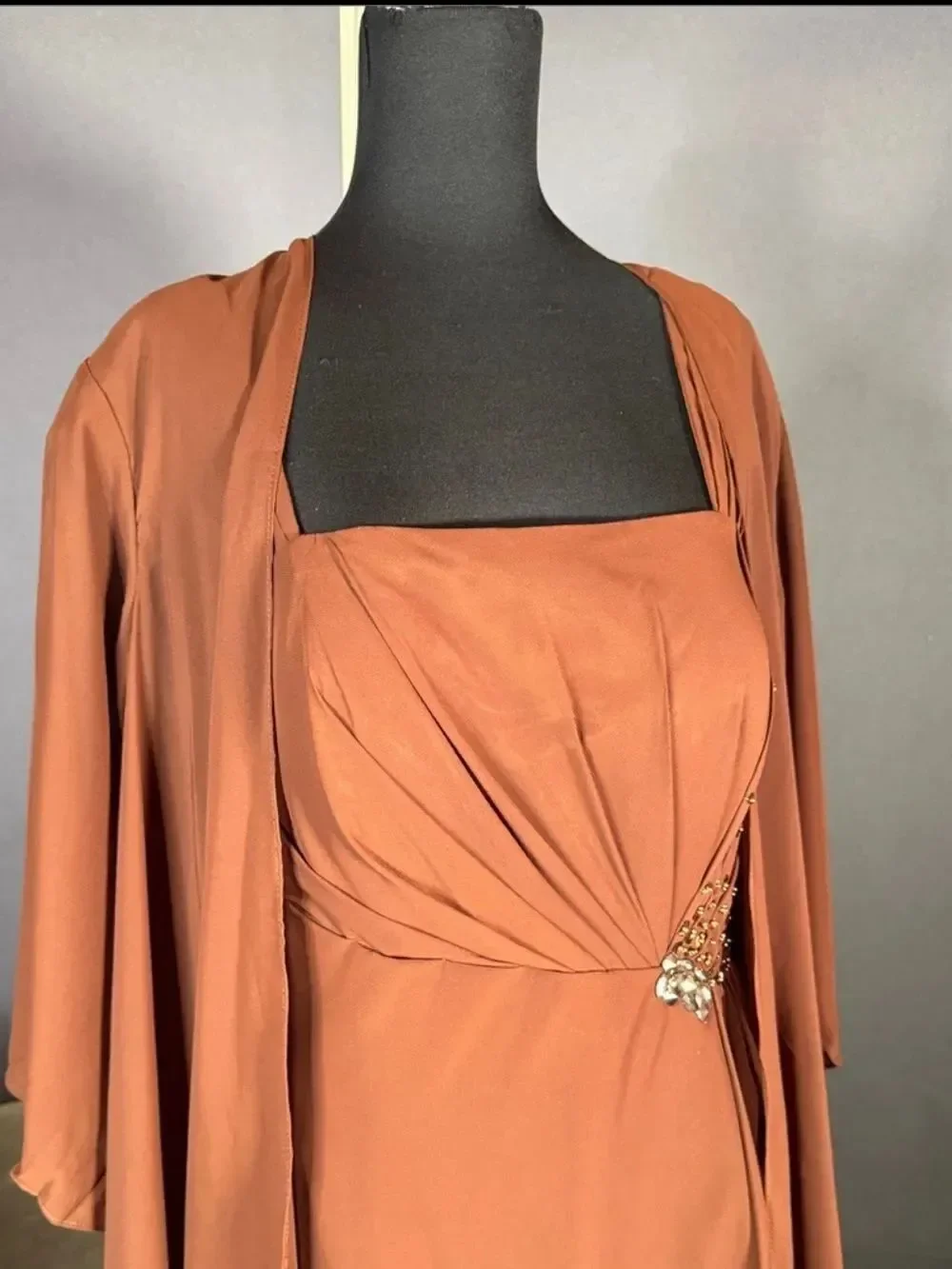 Women’s Brown Chiffon Formal Mother of the Bride Dress Draped Jacket Size 14 NWT